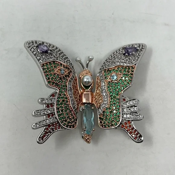Butterfly Brooch Silver Tone Multicolored Rhinestone Gemstones - Picture 9 of 13
